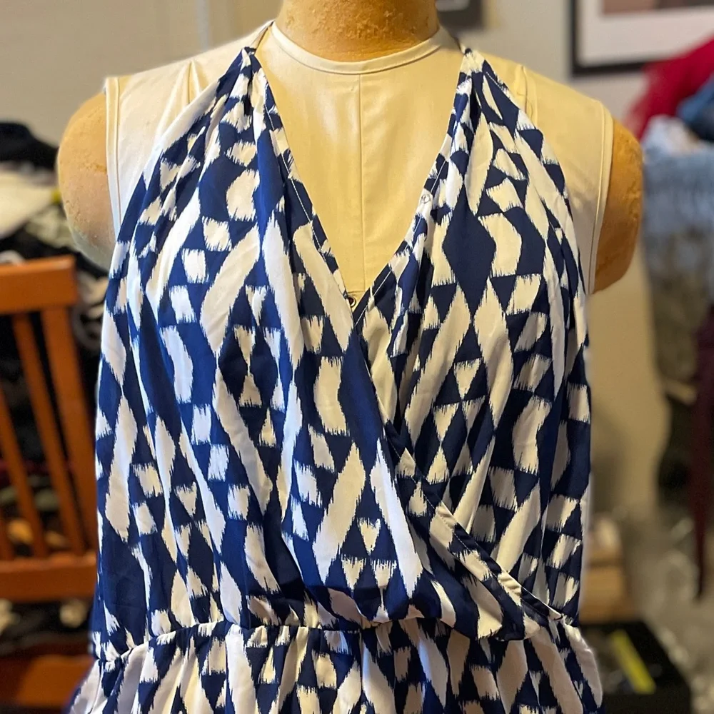 Blue and White Romper Geometric western boho beaded stretchy V-neck wrap beach